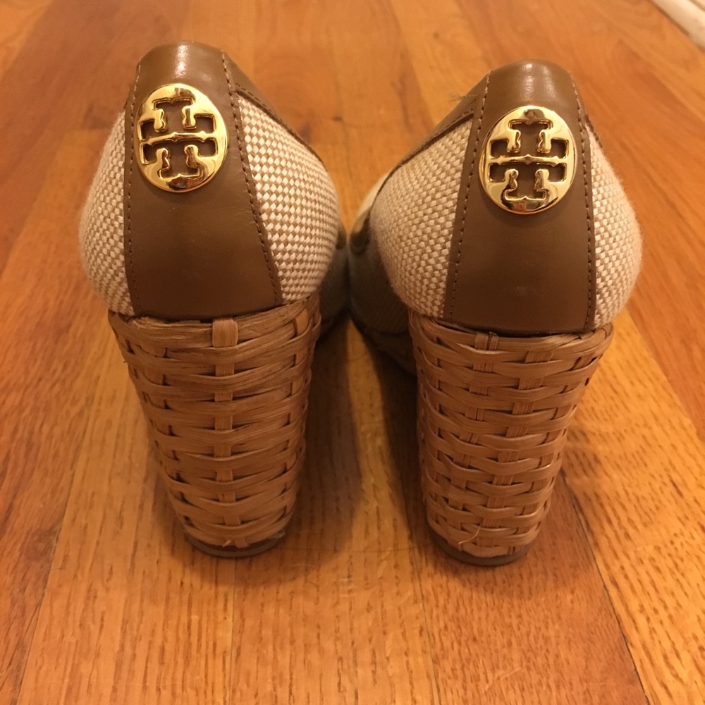 Authentic Tory Burch tan wedges w/ wicker heel.